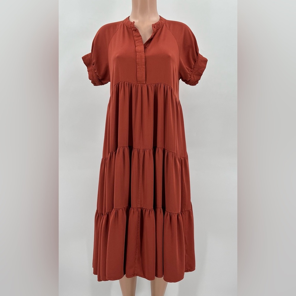 böhme Rust Tiered Rayon Midi Dress